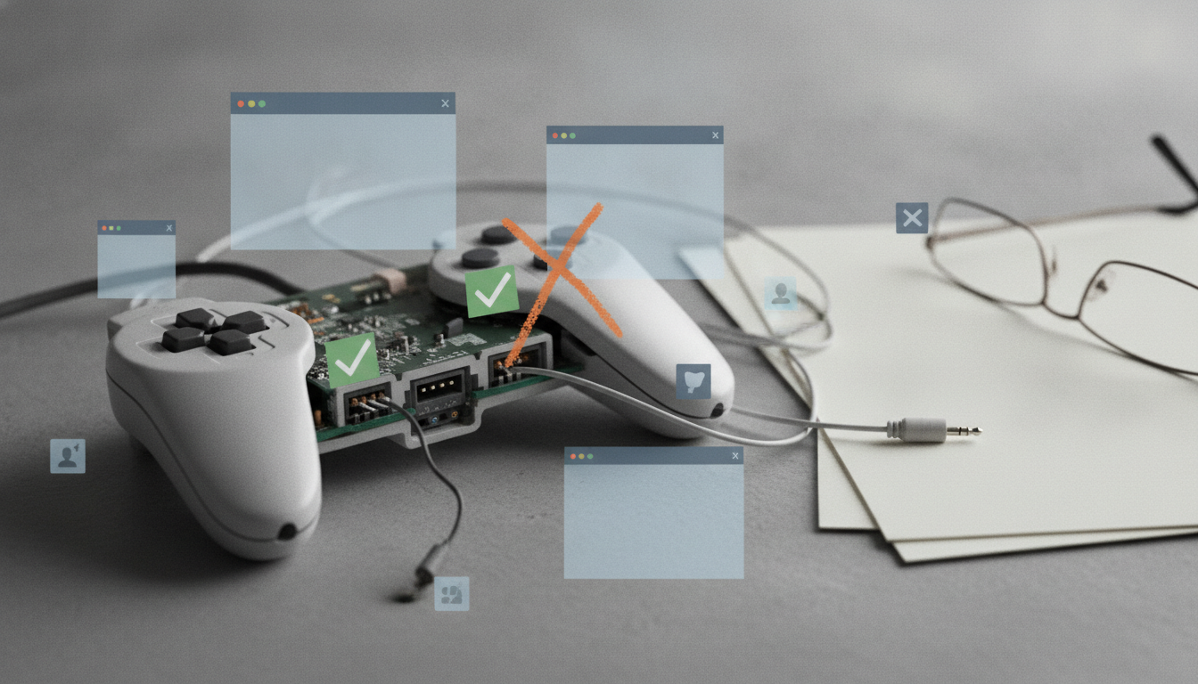 A game controller with its casing open, loose cables, eyeglasses, and sheets of paper on a gray surface.