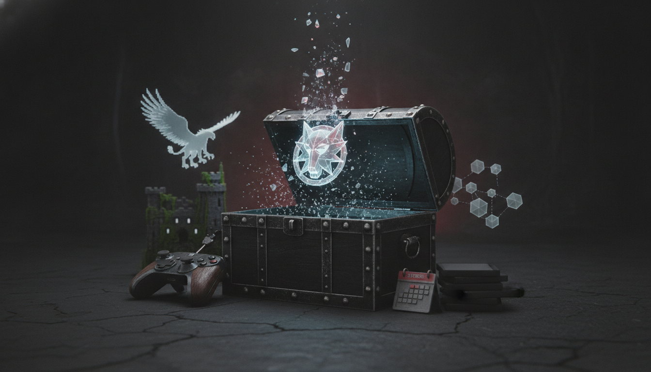 An open metal treasure chest emits glowing shards and symbols, with a game controller, a small calculator, and stacked books nearby.
