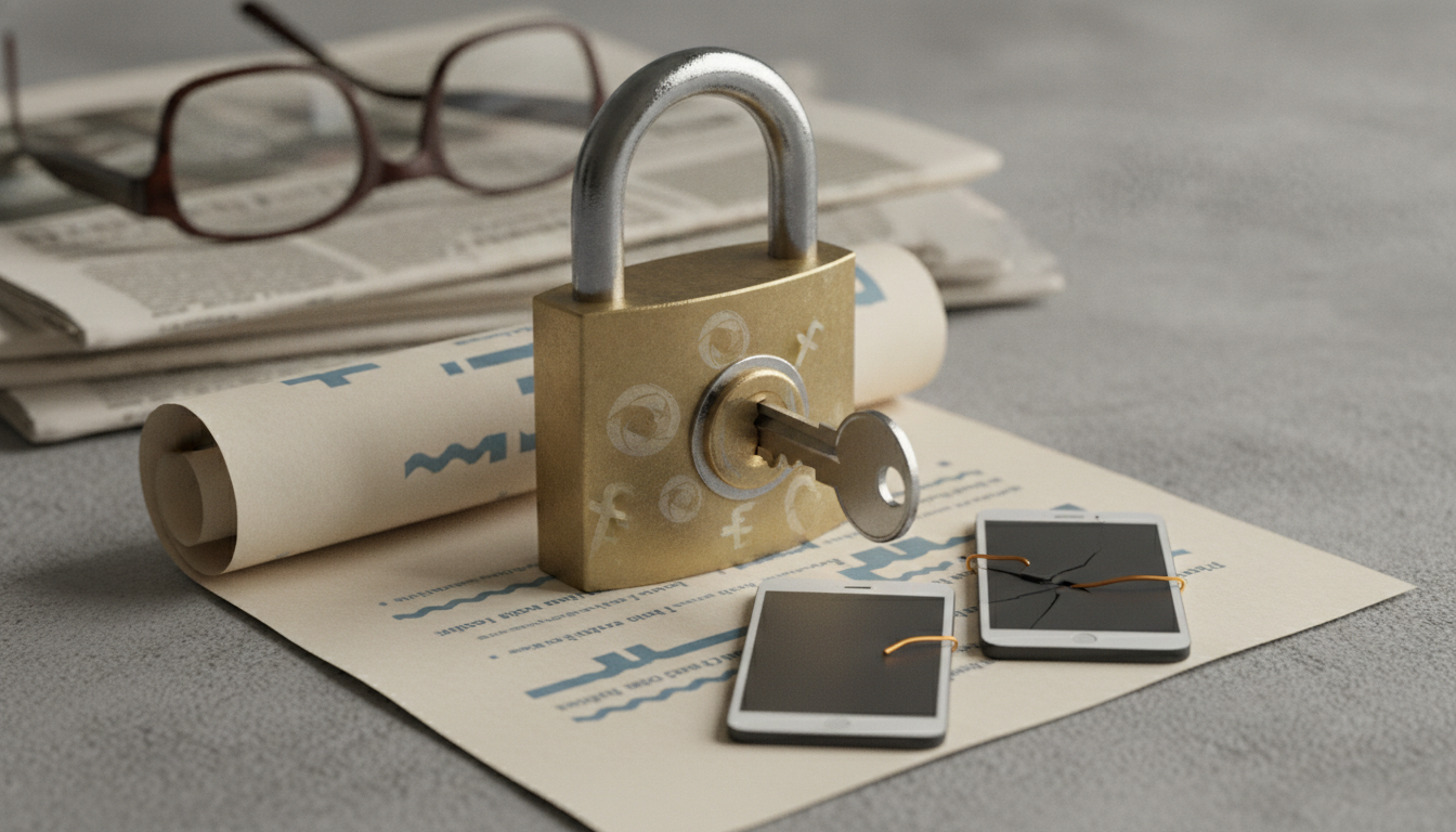 a padlock with a key on rolled papers, eyeglasses, and two cracked smartphones on a gray surface