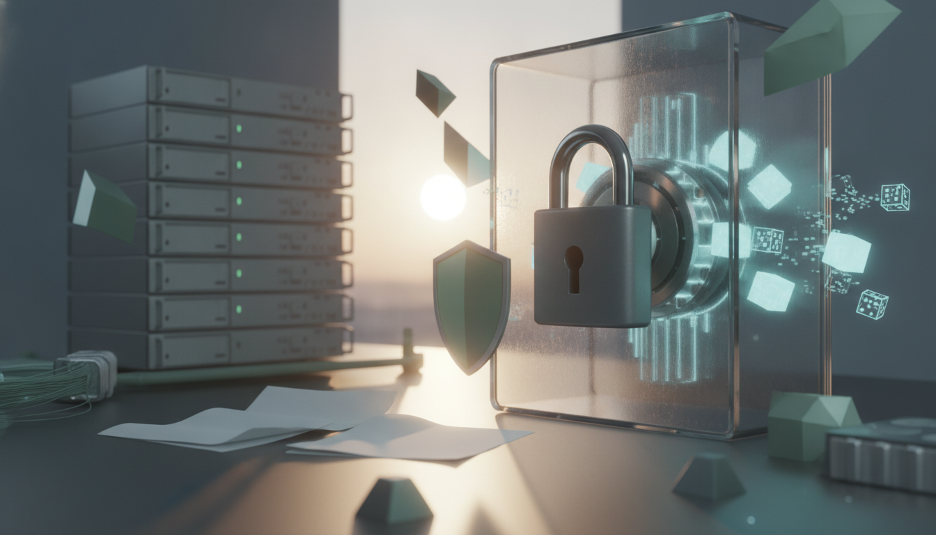 A large padlock on a transparent box sits beside server racks, floating geometric shapes, scattered papers, and a shield icon.