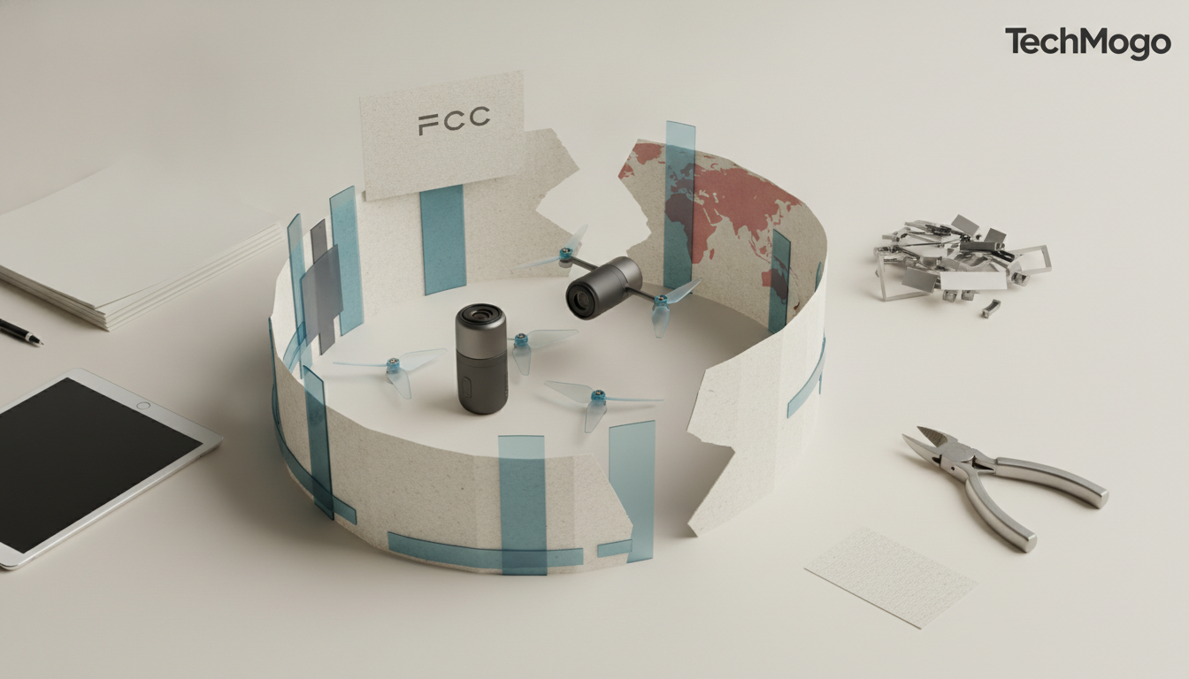 A circular paper ring with blue translucent strips surrounds small drone parts, with scattered tools and a tablet nearby.