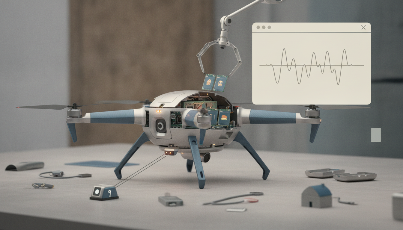A quadcopter sits on a table with its top open, a robotic claw holding small circuit boards above it, and a waveform window floating nearby.