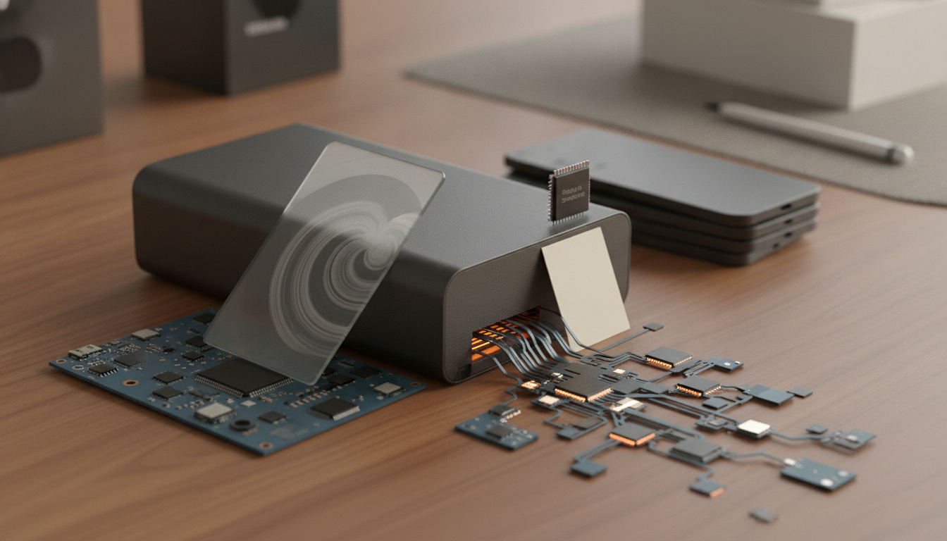 A dark rectangular device sits on a wooden desk with circuit boards, chips, and thin panels spilling out beside stacked slim devices.