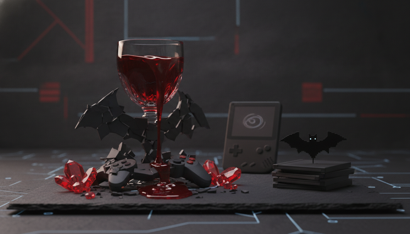 a red drink spills from a goblet onto broken game controllers beside red crystals and a small bat figure