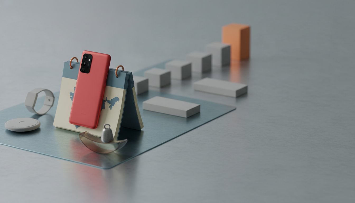 A red smartphone leans against a standing desk calendar beside small geometric blocks on a gray surface.
