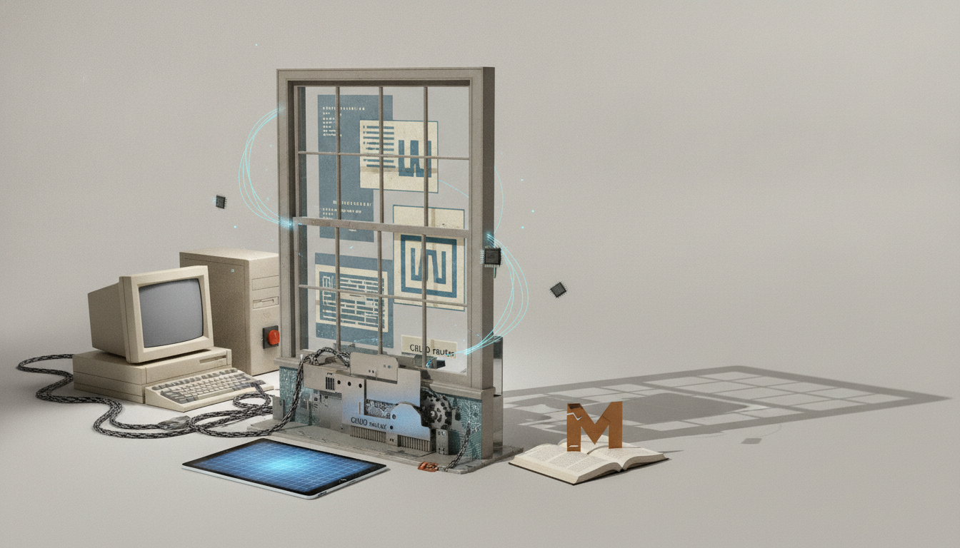 A beige retro computer sits beside a glowing tablet, a tall window frame, and an open book with a letter M on top.