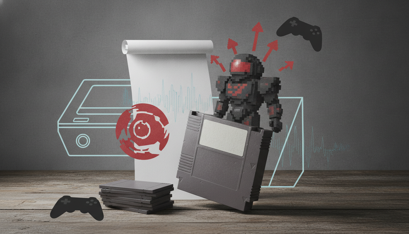 A pixelated armored figure stands by a tall scroll and retro game cartridges, with game controller icons and red arrows around it.