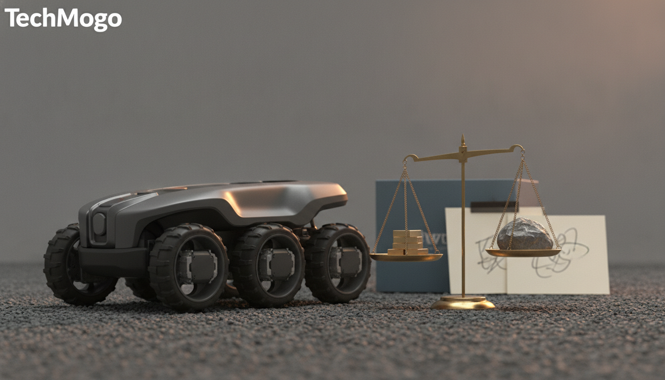 A small wheeled robot sits beside a balance scale with stacked bars on one pan and a rock on the other.