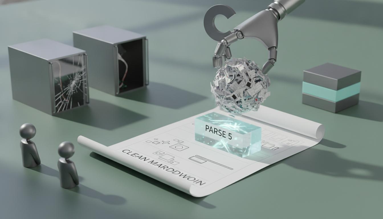robot hand holds a crumpled metallic sphere above a glowing block on a rolled paper sheet, with two small figures and open boxes nearby