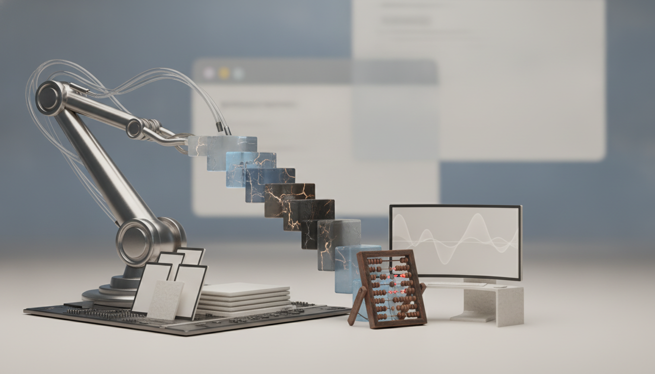 A metallic robotic arm reaches toward floating translucent blocks above a desk with stacked papers, framed cards, an abacus, and a monitor.