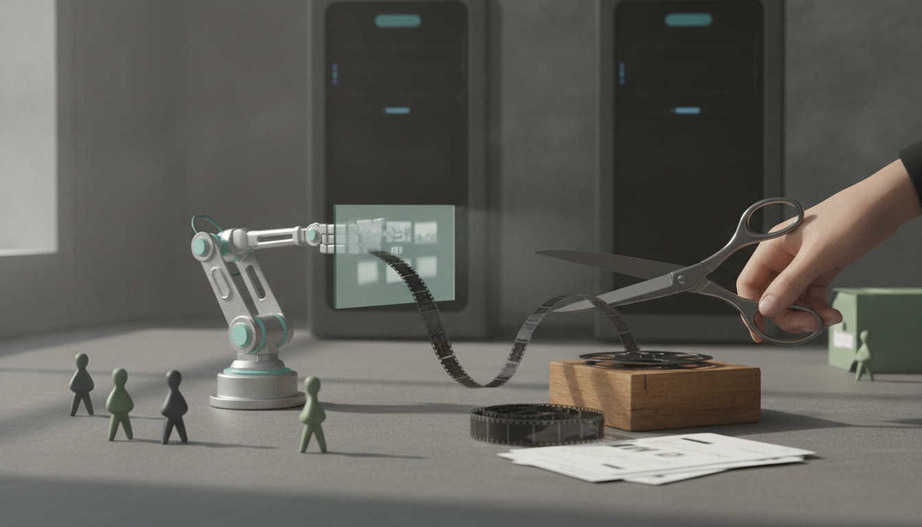 a robotic arm holds a film strip while a hand with scissors cuts it beside small figurines and paper sheets