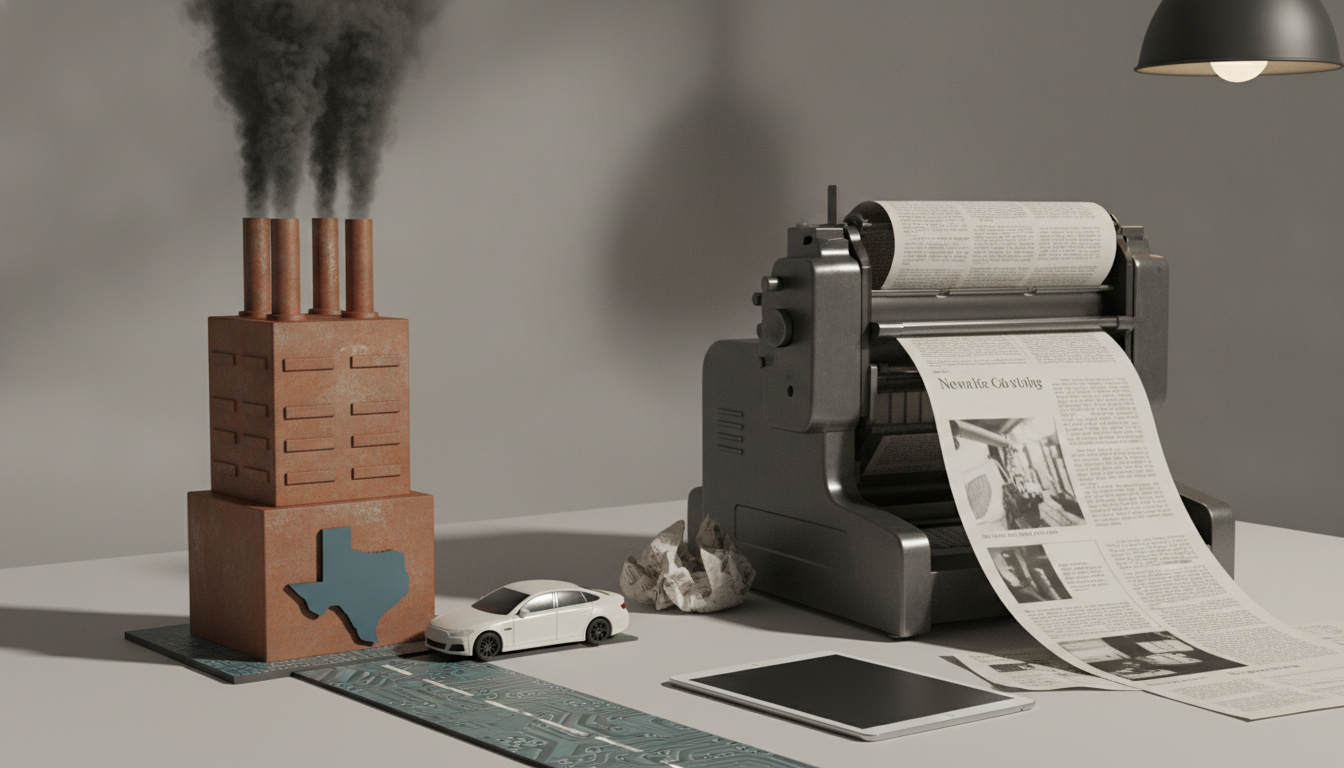A rust-colored block with smoke stacks, a gray printer with paper, a small white car, and a flat screen on a table.