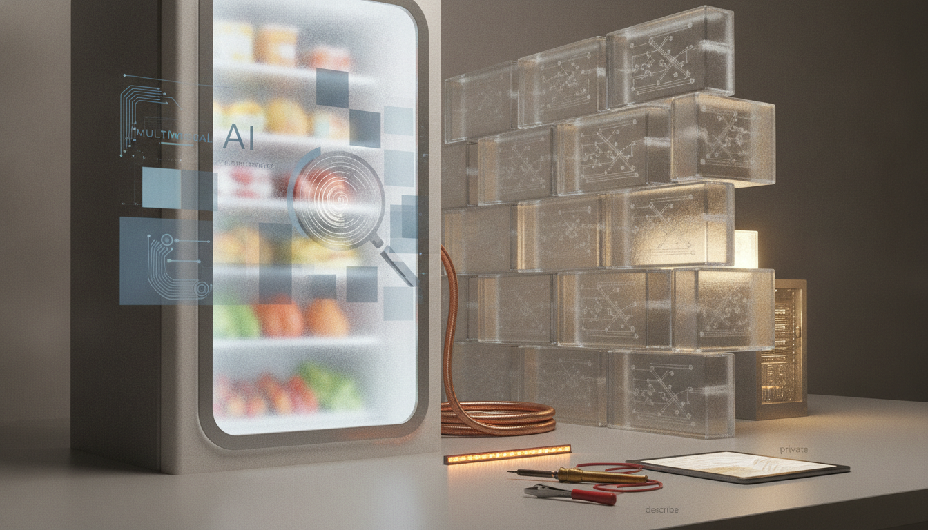 A glowing screen stands beside stacked прозрачные blocks, coiled copper tubing, small tools, and a tablet on a tabletop.