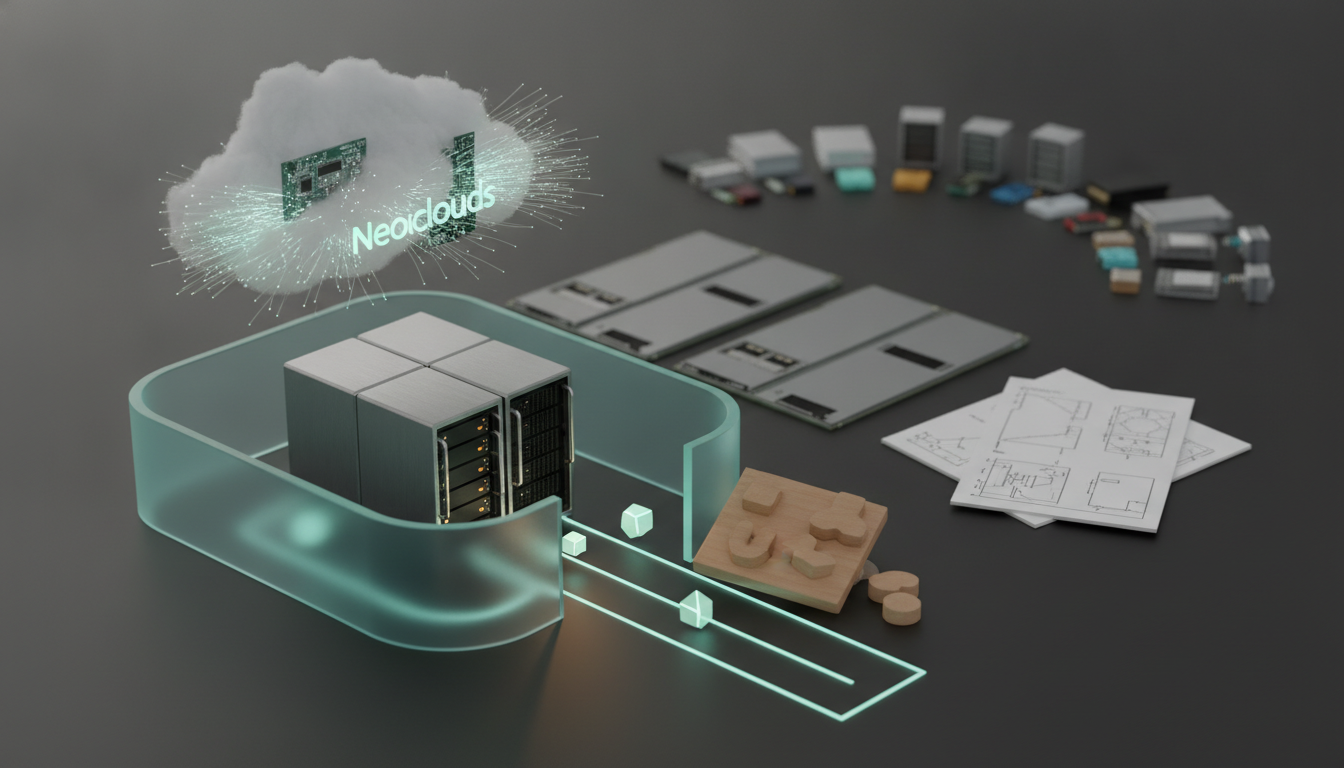 A server rack sits inside a translucent glowing enclosure with floating cloud graphics and scattered circuit boards and papers nearby.