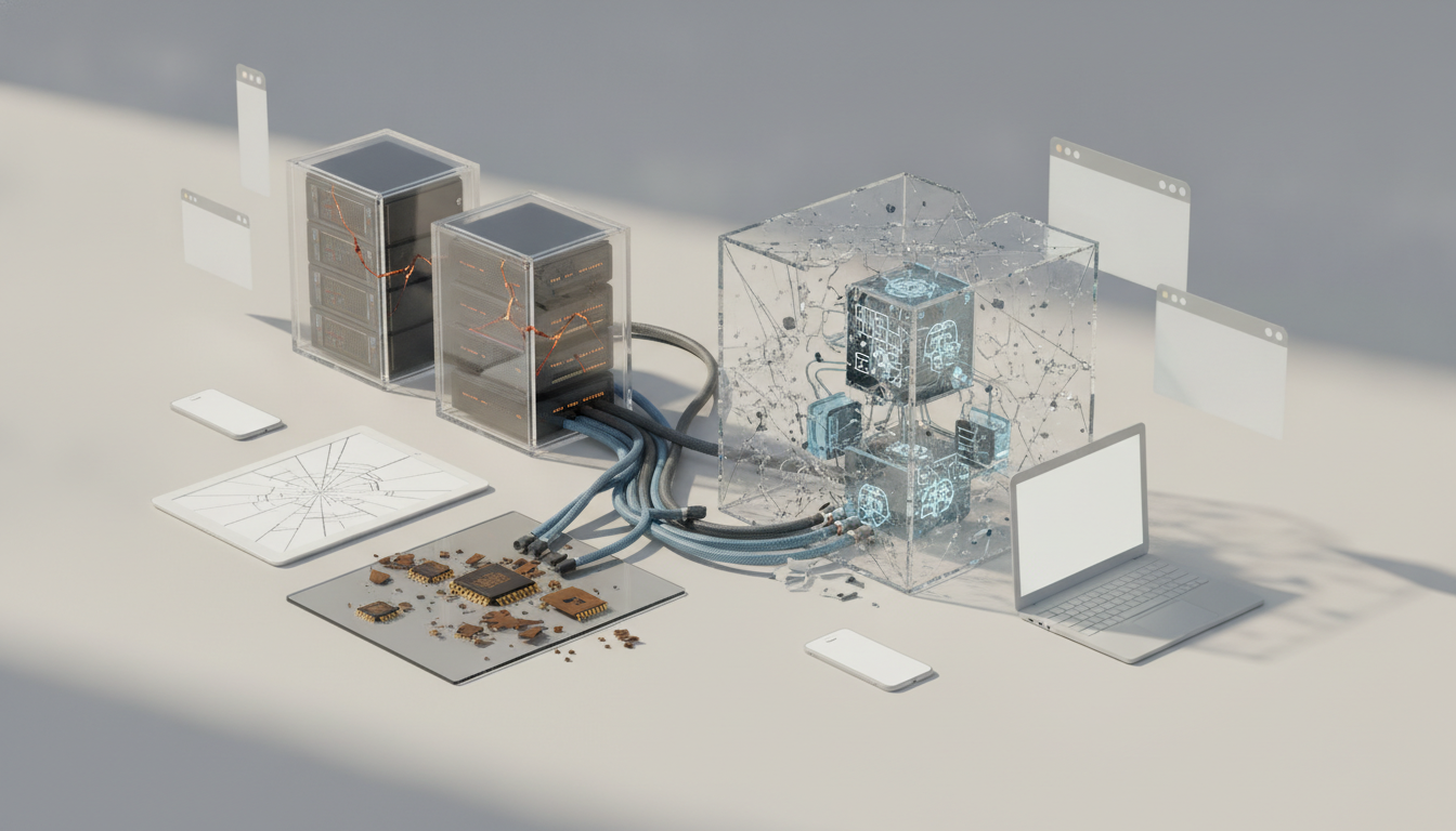 transparent server boxes linked by cables to a cracked tablet, a laptop, and two small phones on a pale surface