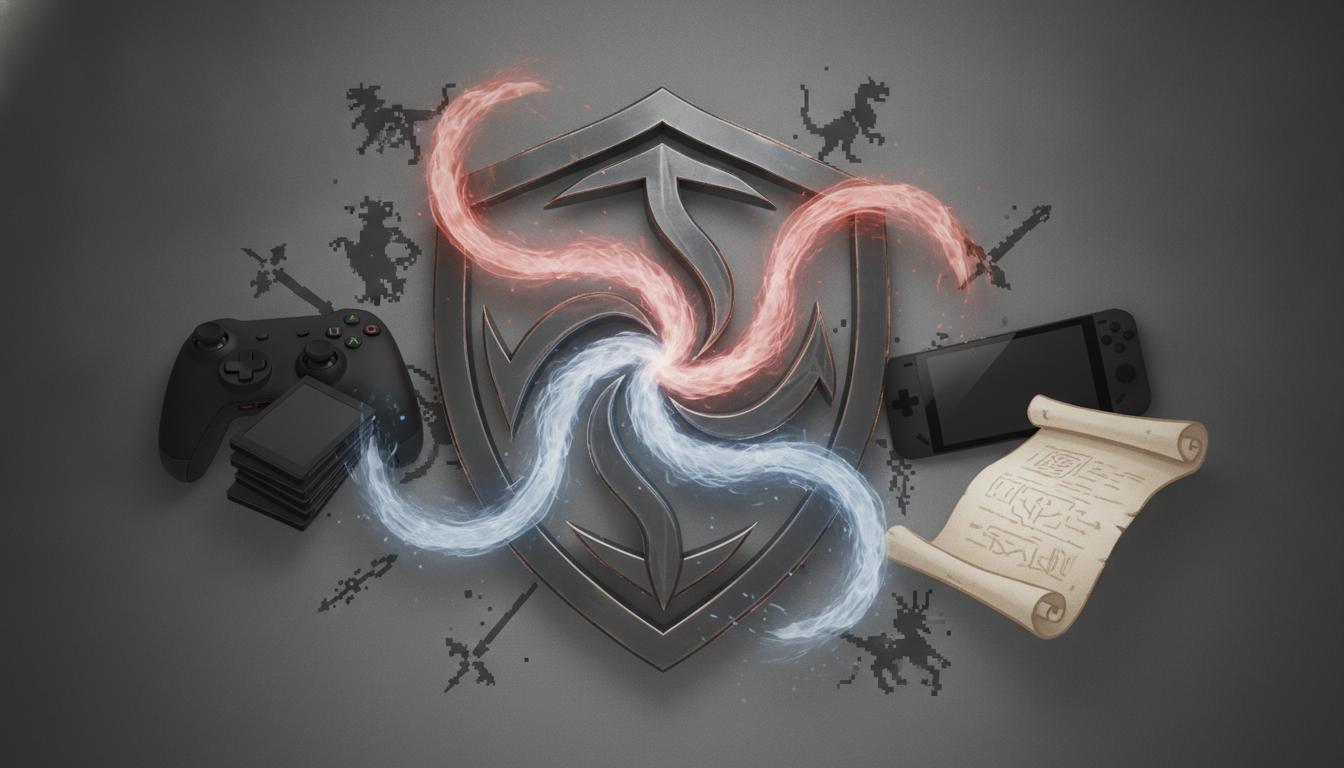 metal shield emblem centered with red and blue swirling trails, a game controller and stacked cards on the left, and a handheld console with a scroll on the right.