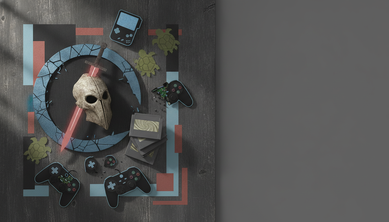 a skull mask with a sword through it, surrounded by game controllers, cartridges, and turtle icons on a dark wooden surface