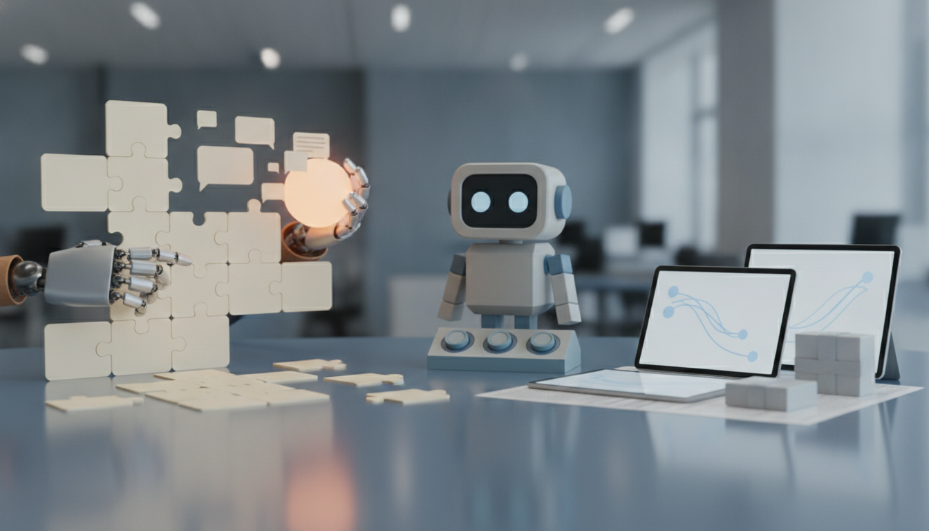 small robot beside puzzle pieces and two open laptops on a glossy table