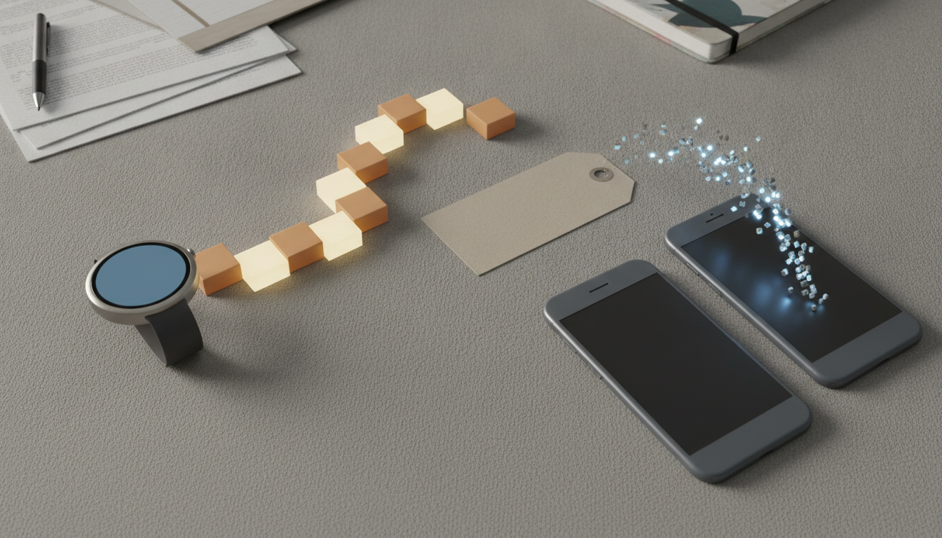 A smartwatch, two smartphones, a hanging tag, papers with a pen, and small glowing cubes on a gray surface.