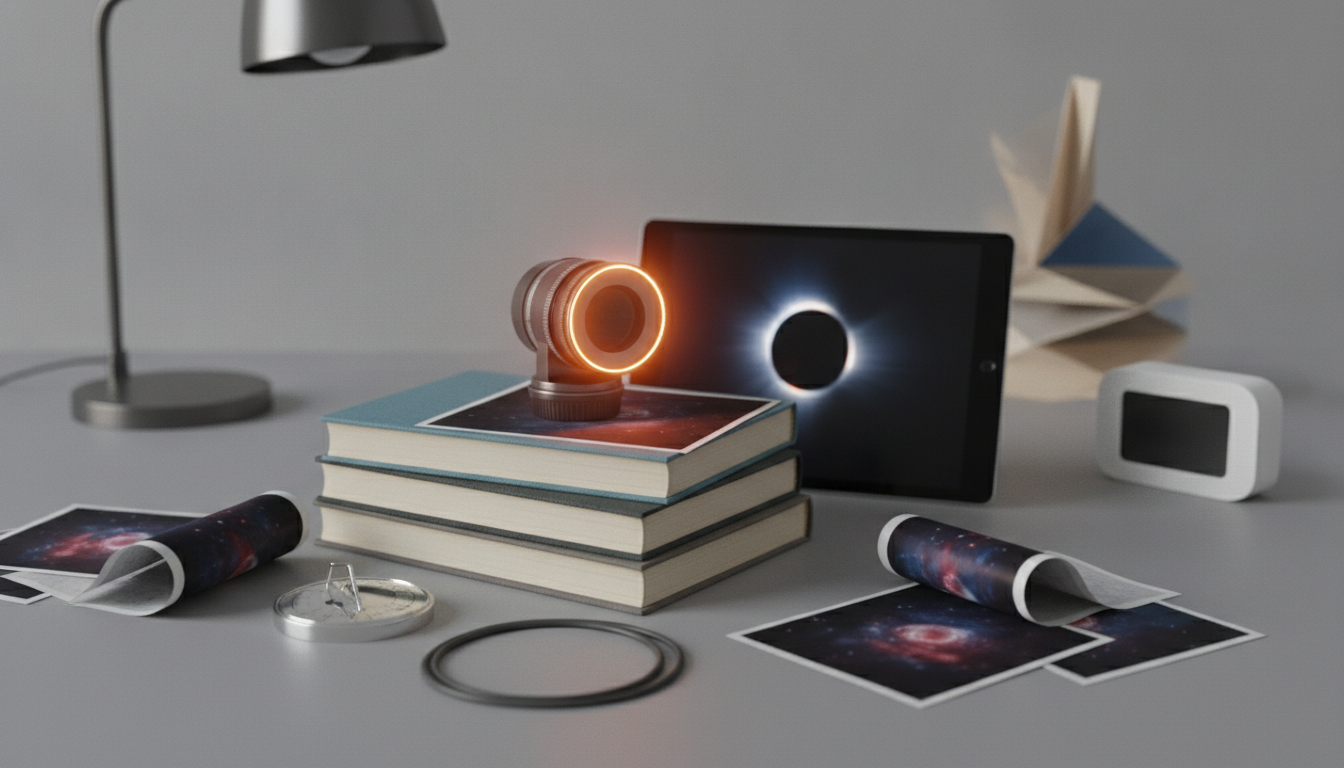 A stack of books with a glowing lens, tablet, desk lamp, small frame, paper prints, and a geometric ornament on a gray table.