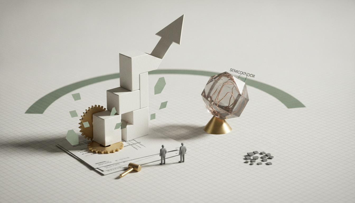 stacked white blocks with a rising arrow, gold gears, a faceted crystal on a pedestal, and two tiny figures on a grid surface