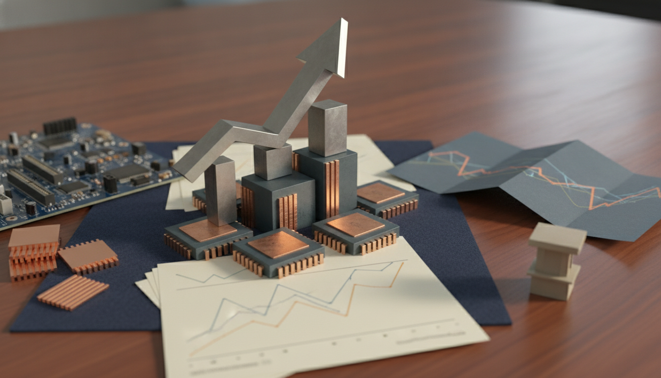 A tabletop arrangement of stacked metal blocks with an upward arrow, circuit board pieces, and several paper charts.