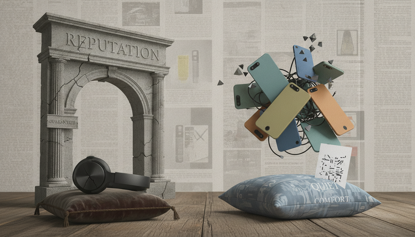 A cracked stone arch rests on a cushion beside headphones, with a cluster of floating phones and a paper card above another cushion.