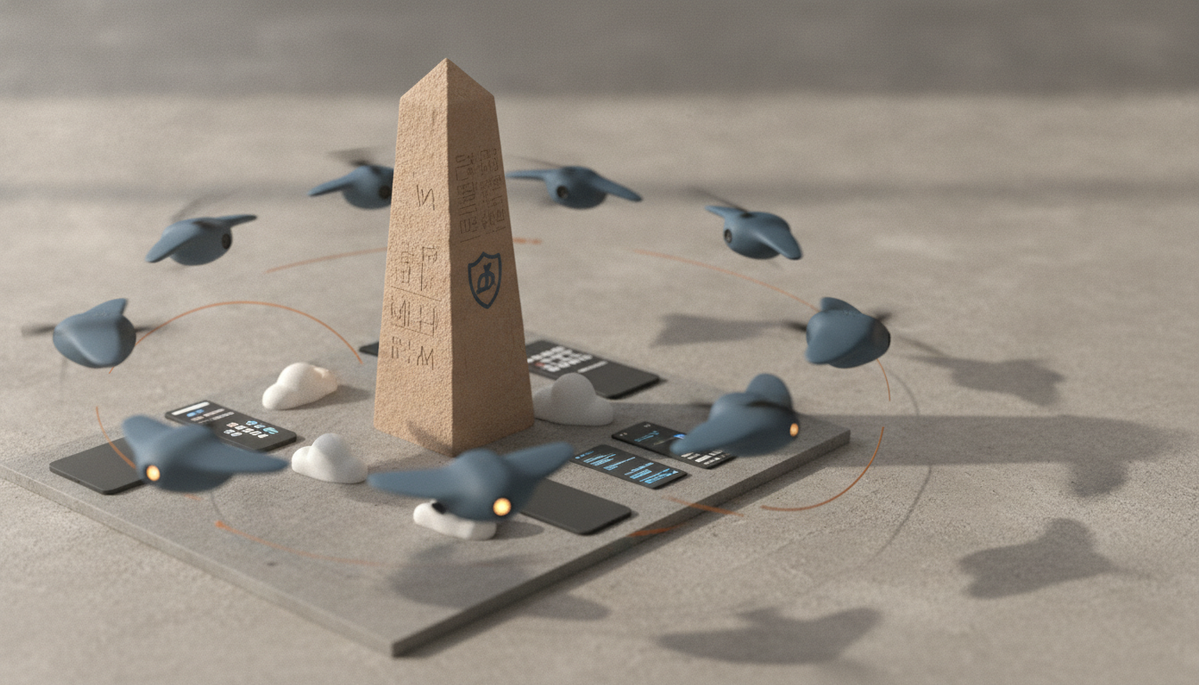 A tall stone obelisk stands on a square base with small blue shapes circling around it and tiny panels on the platform.