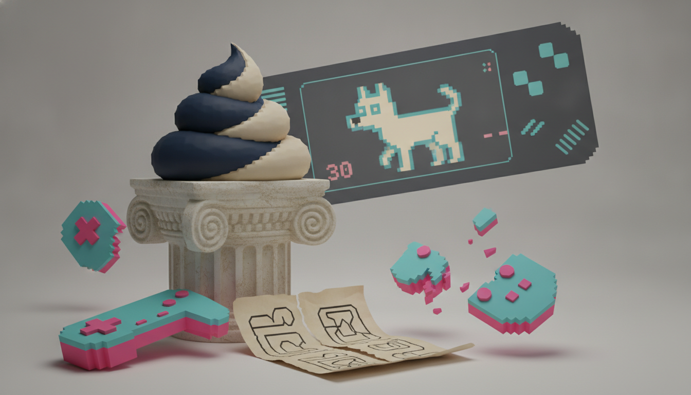 A stone pedestal holds a stacked dark-and-cream swirl, surrounded by floating retro game pieces, a torn paper sheet, and a tilted screen with a pixel dog.