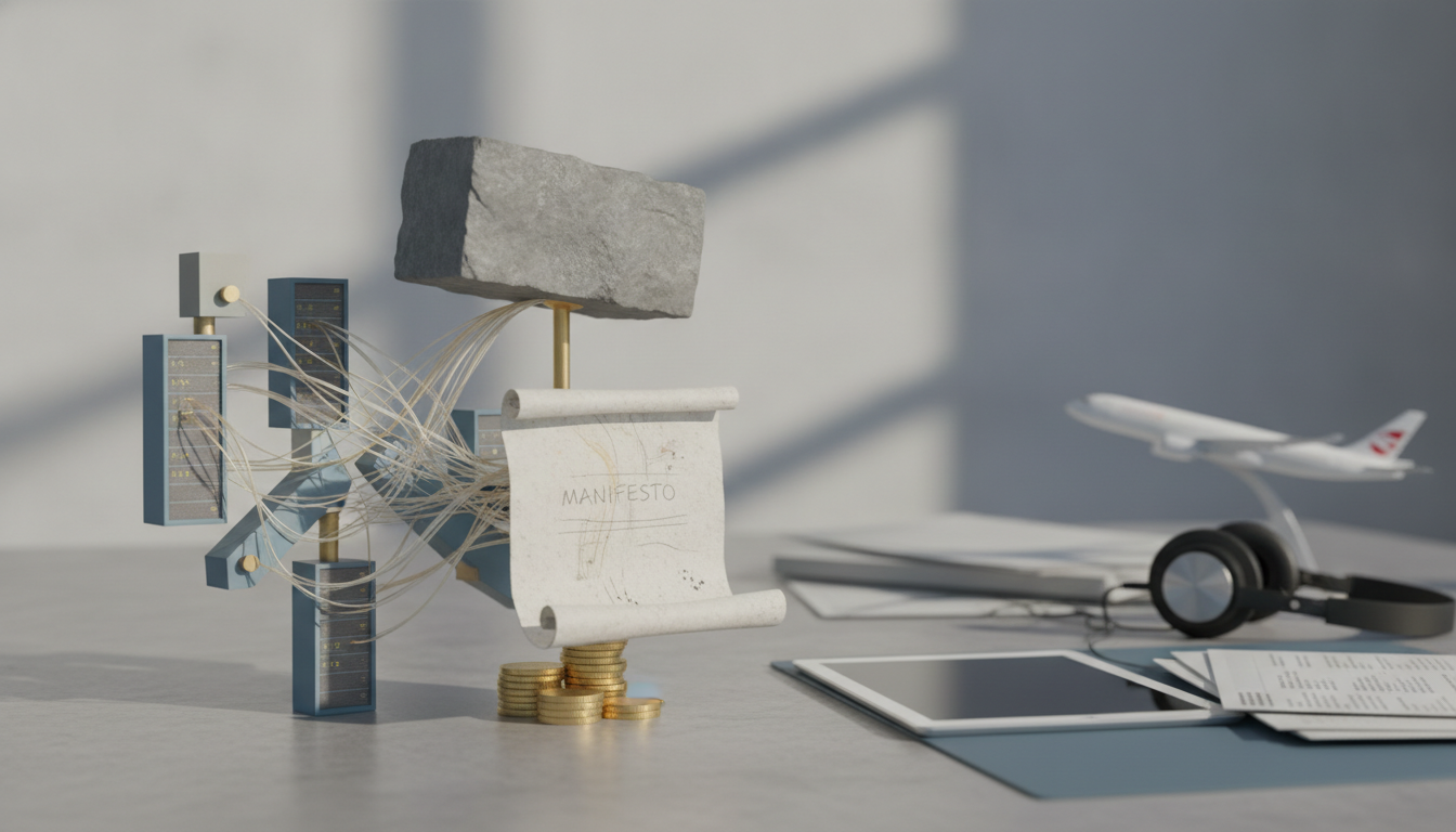 A scroll labeled MANIFESTO hangs from a stone block, with thin wires, stacked coins, a tablet, headphones, papers, and a small airplane nearby.