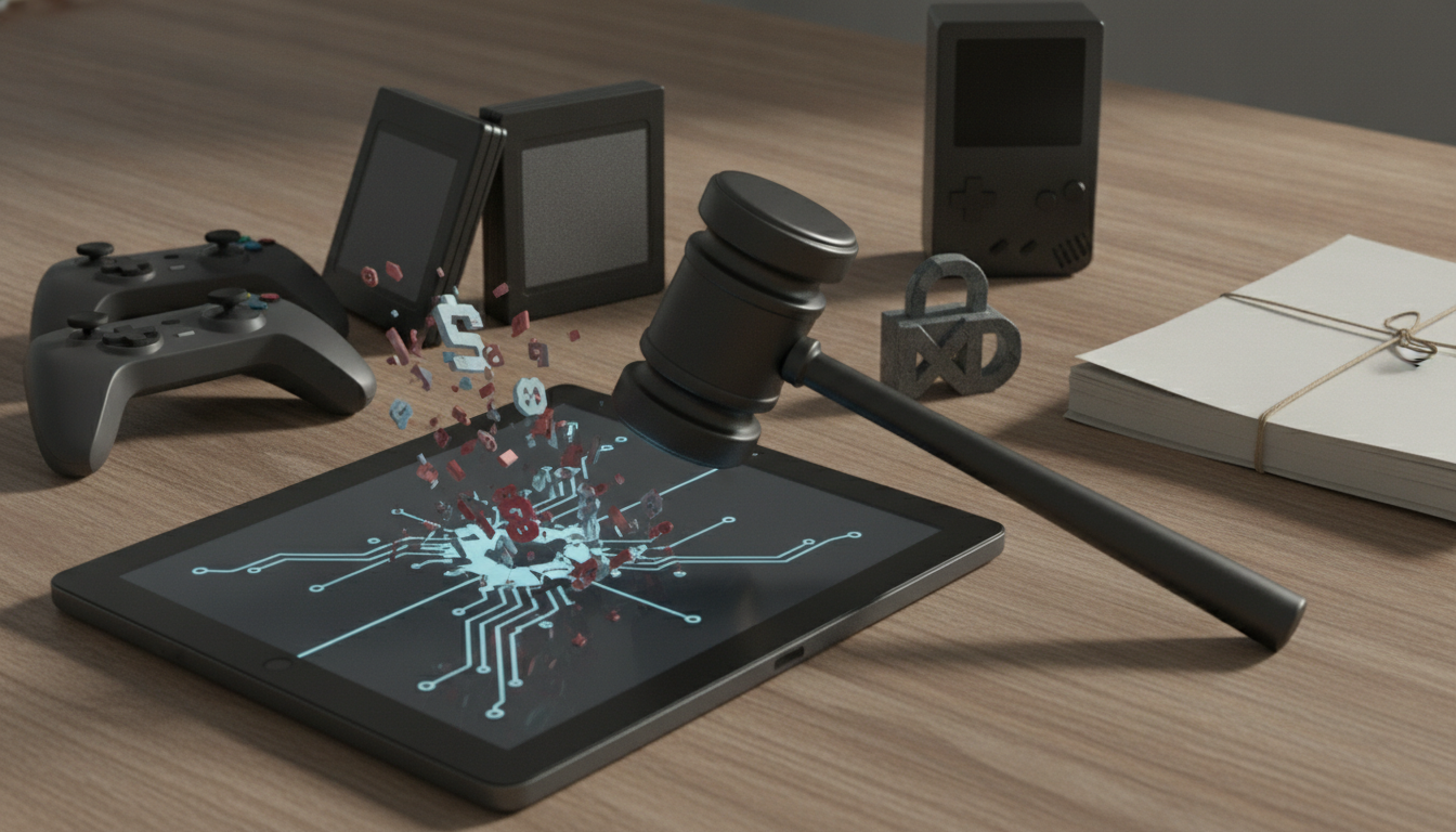 A tablet with a glowing circuit graphic and a floating burst of fragments sits beside a gavel, controllers, a handheld device, and a tied stack of papers.