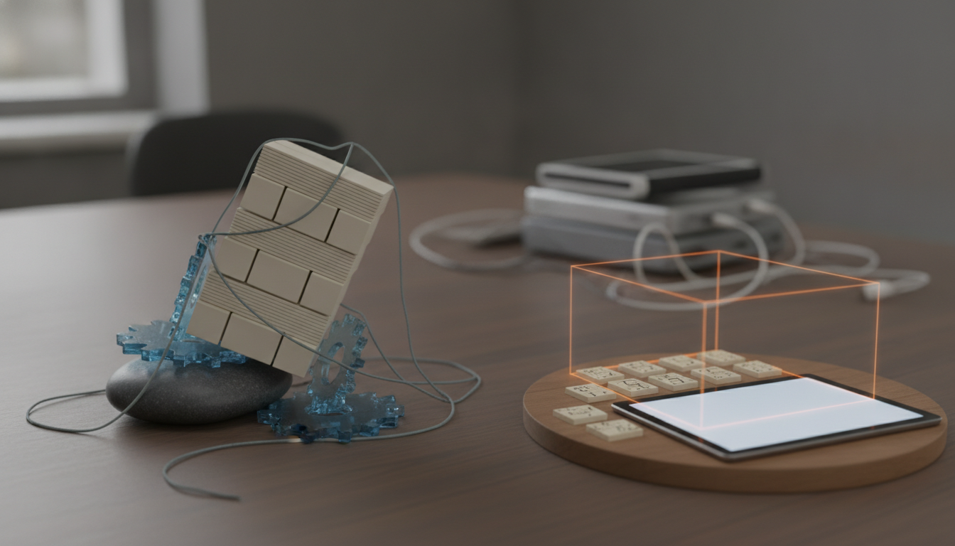 A tabletop with abstract objects: a tilted block resting on a dark stone, a phone-like screen on a wooden base, and a glowing wireframe cube.