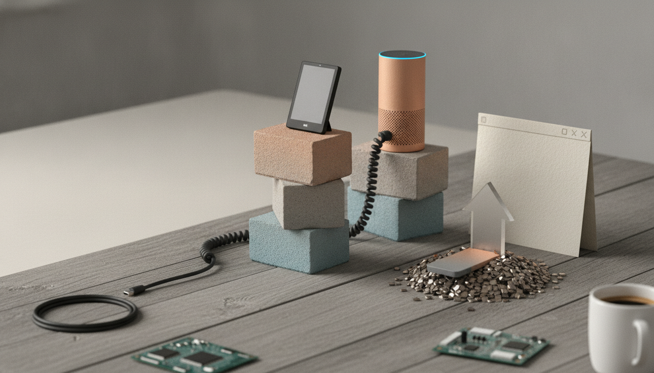 A tabletop scene with stacked blocks, a small screen, a cylindrical speaker, coiled cable, a sign, a pile of pebbles, and a coffee cup.
