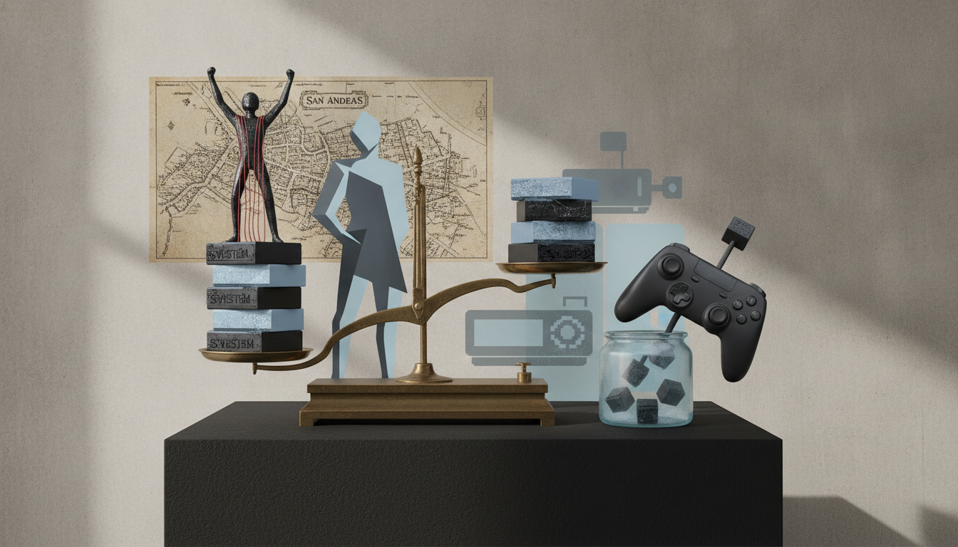A tabletop arrangement with a brass balance scale, stacked blocks, a glass jar of cubes, a black game controller, and wall-mounted map and figure panels.