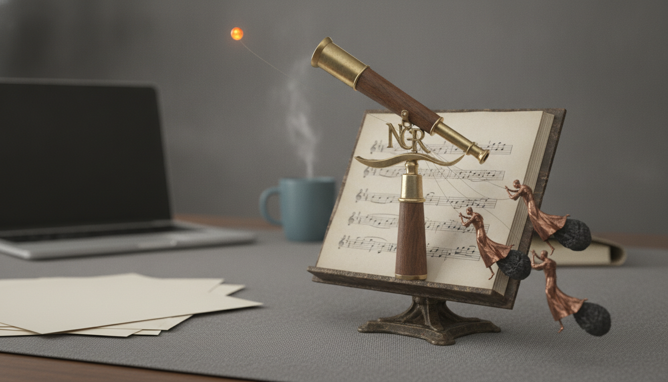 A miniature telescope stands by an open music score with tiny figures climbing its pages and a glowing orange orb above.