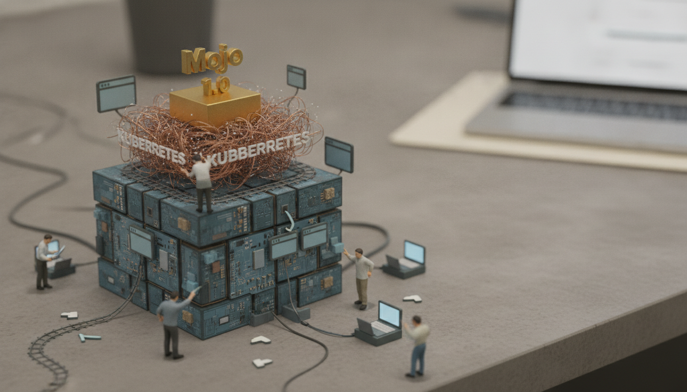 Tiny figures surround a blue stacked block topped with tangled wire nest and gold letters, with several small laptops nearby on a desk.
