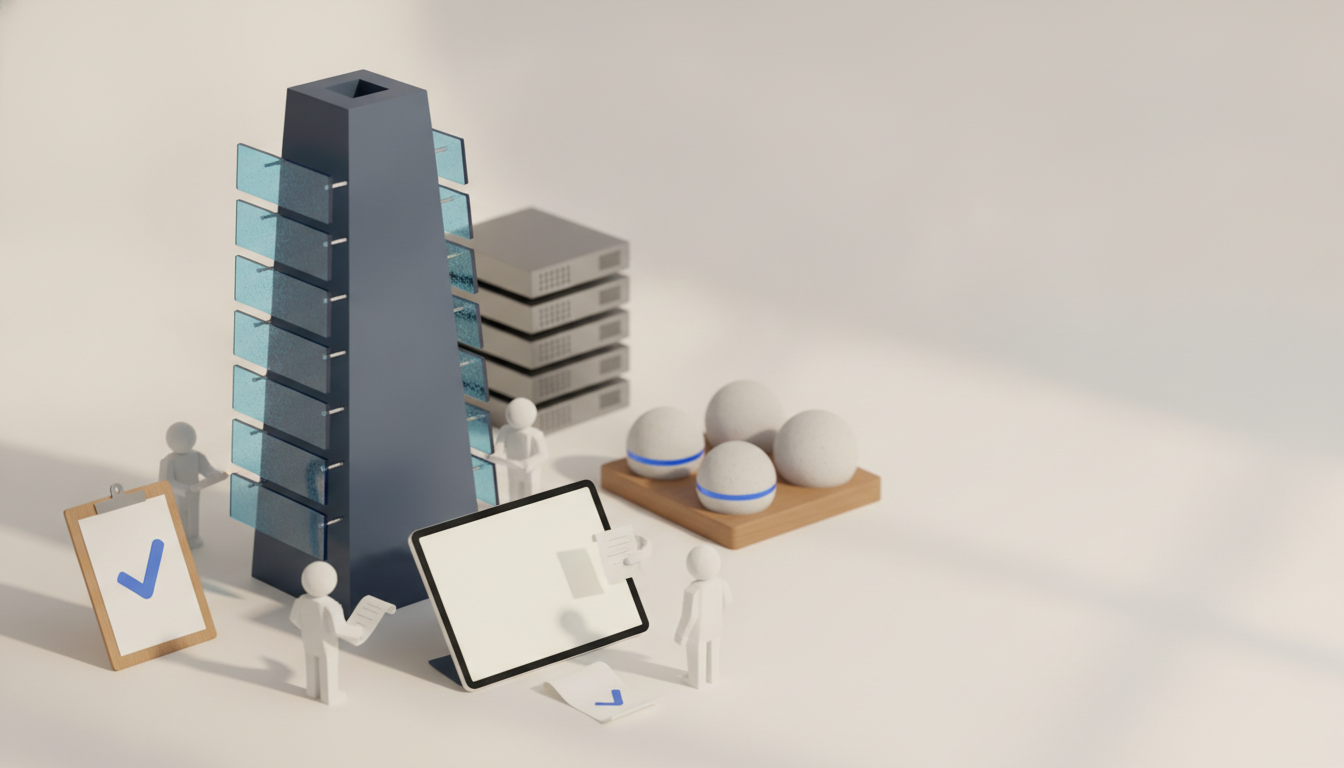 Tall dark tower with blue side panels stands among small white figures, stacked devices, a clipboard, a tablet, and a tray of white spheres.