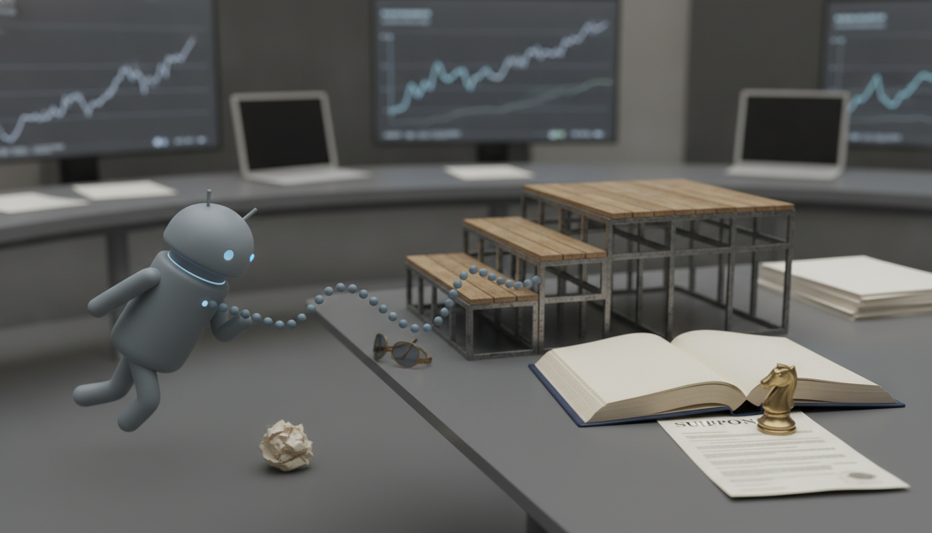 A gray toy figure reaches toward a tiered wooden structure on a desk with an open book, a chess knight, glasses, and a crumpled paper ball.