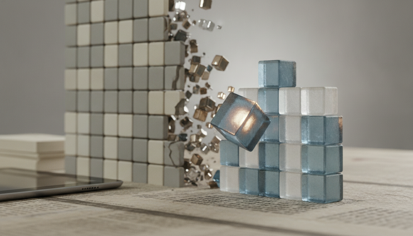 translucent blue and clear cubes stack beside a larger cube grid with small cubes breaking through the center