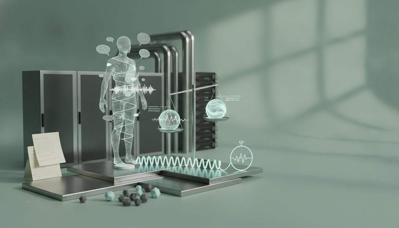 a translucent human figure stands on metal platforms beside scales, cabinets, pipes, papers, and glowing waveform graphics