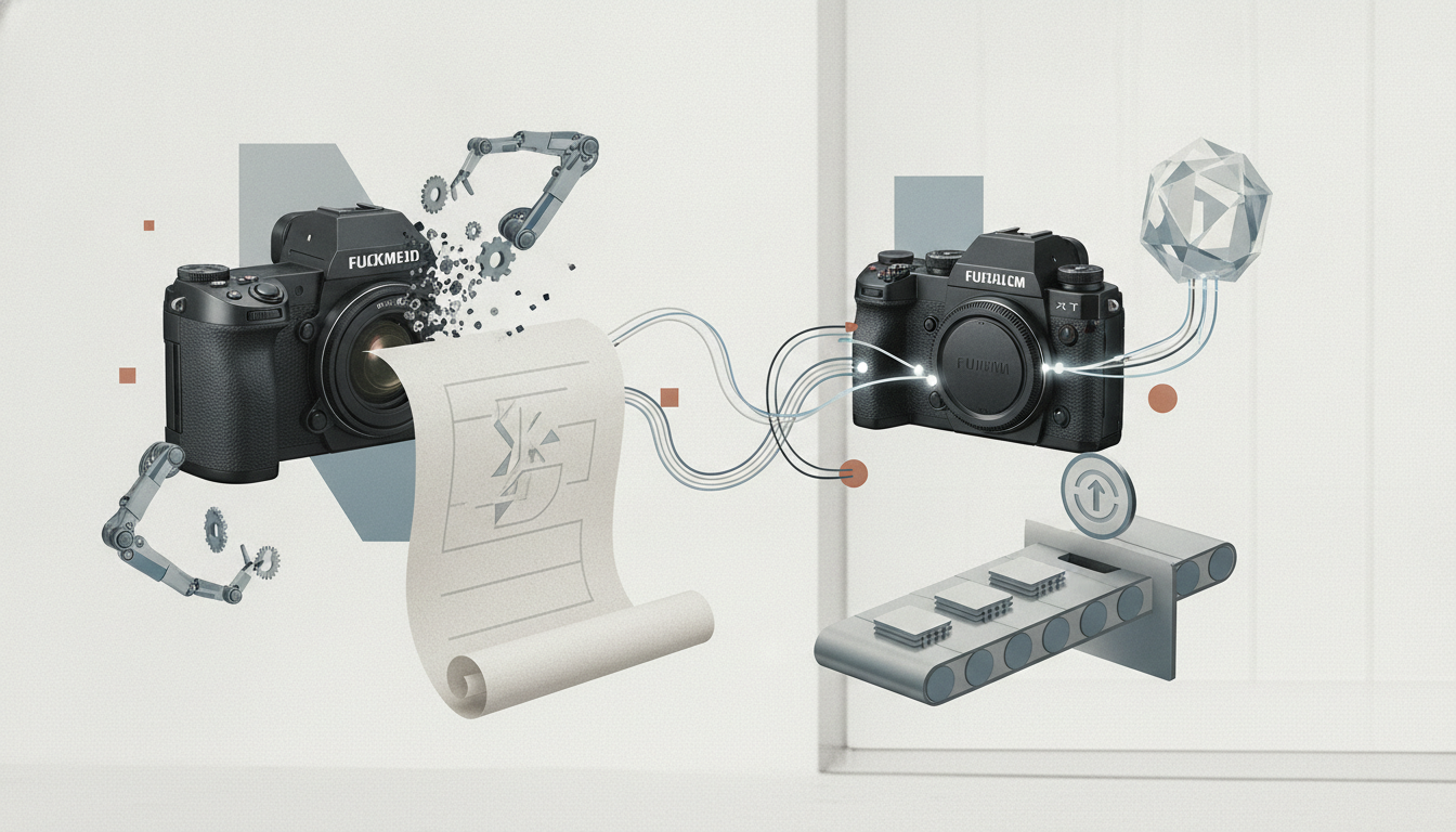 Two cameras connected by curved cables, with gears, robotic arms, a rolled paper sheet, a faceted gem, and a small conveyor platform.