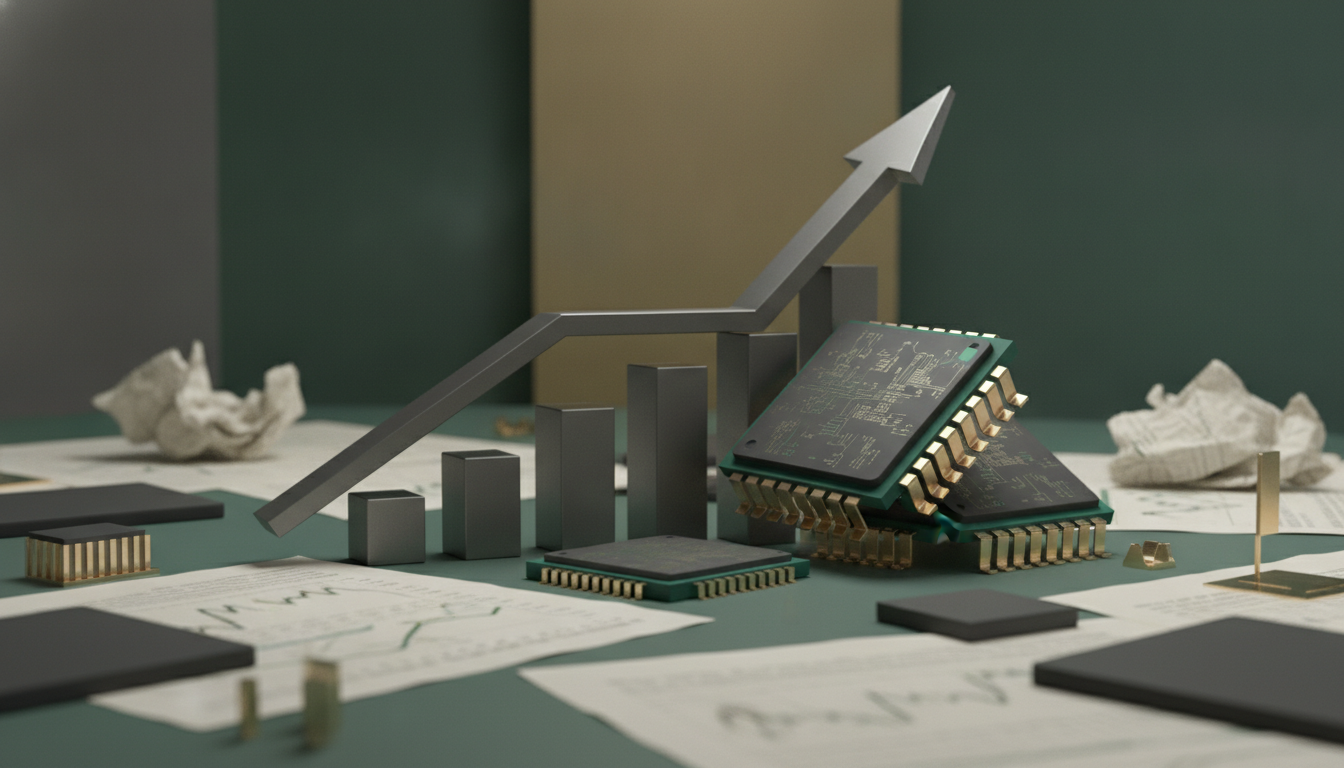 An upward arrow rises above a row of bars beside stacked circuit chips on a desk.