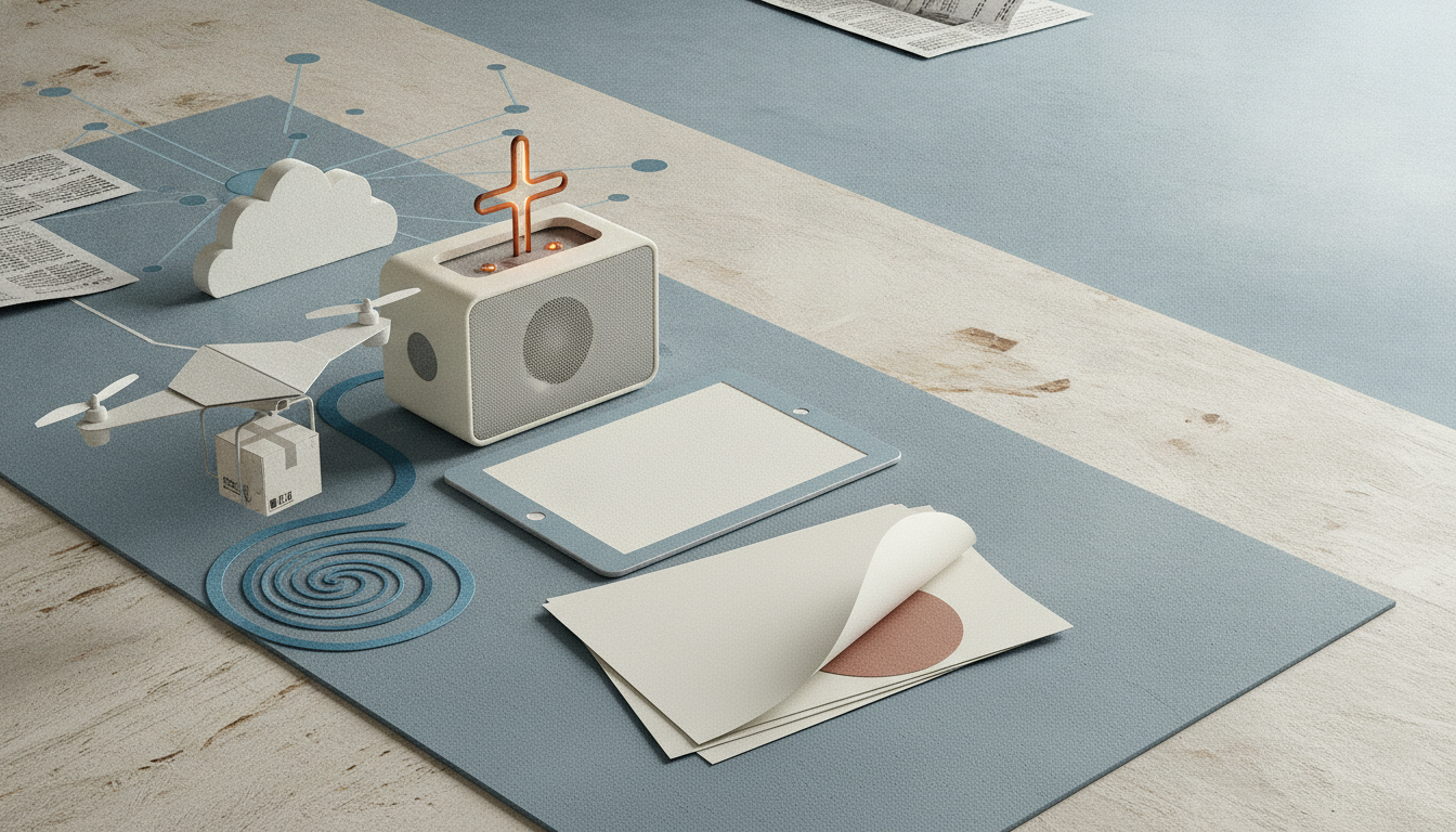 A small white cube, a drone, a cloud shape, a tablet, and stacked papers sit on a blue mat with thin lines and a spiral.
