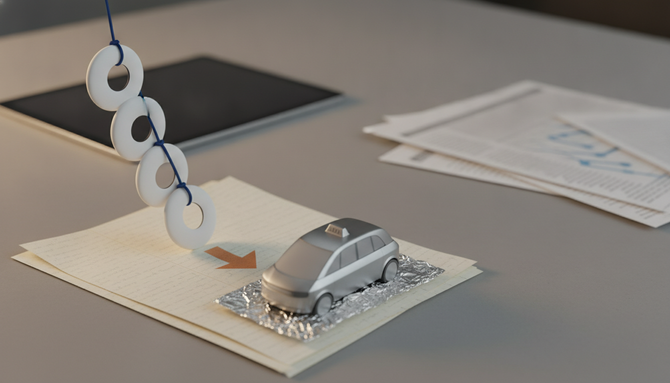 White rings hang above a small silver car on lined paper beside a tablet and scattered papers.