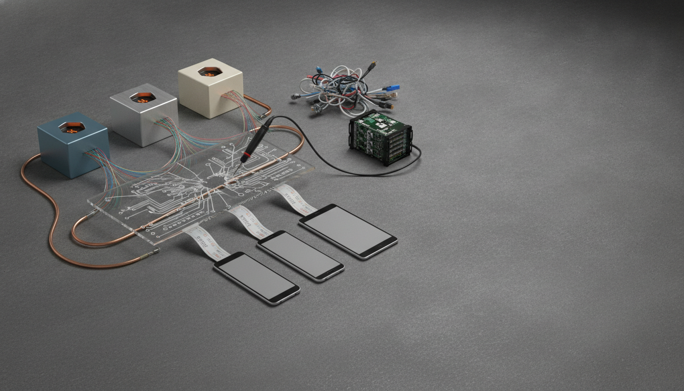 Three small box modules with wires, a clear circuit board, a tangled cable bundle, and three connected smartphones on a gray surface.