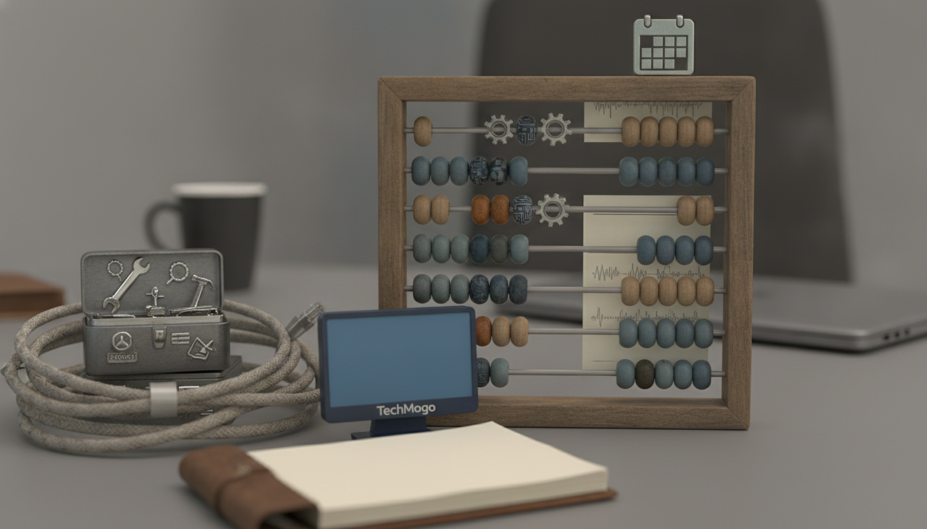 A wooden abacus stands beside a coiled cord, a small metal toolbox, a blue screen, and a closed notebook on a gray desk.
