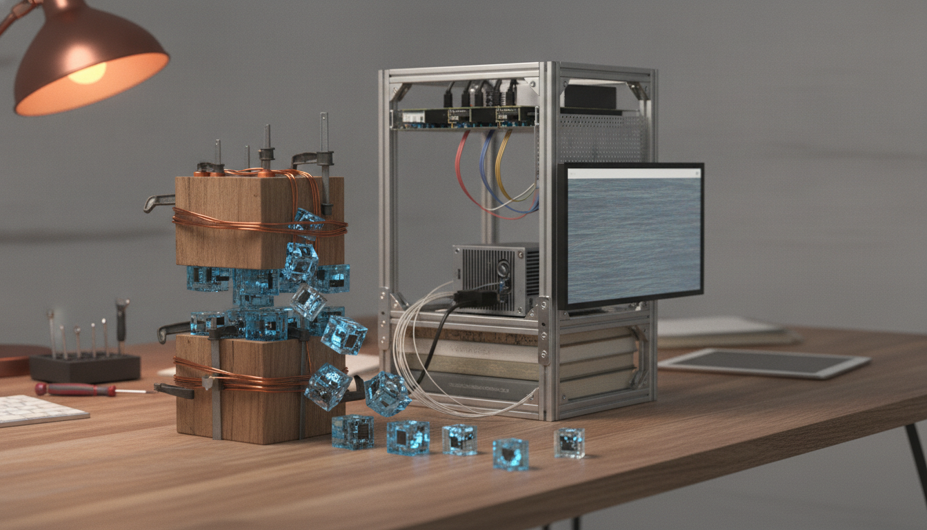 A wooden block wrapped with copper wire sits beside a metal frame with cables, a monitor, and blue glass cubes scattered on a desk.