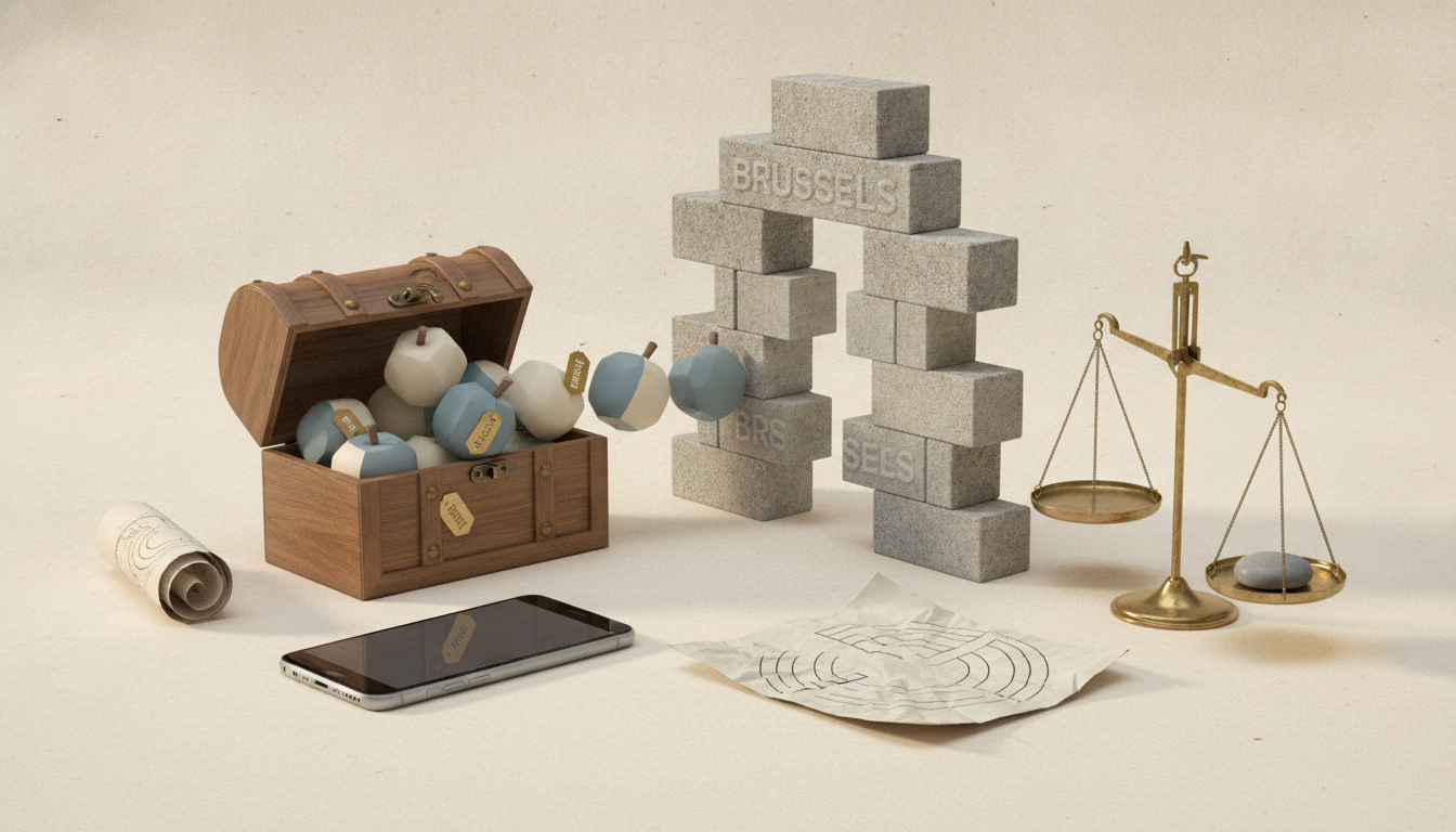An open wooden chest spills blue and white spheres beside stone blocks, gold scales, a rolled paper, a phone, and crumpled paper on a beige surface.