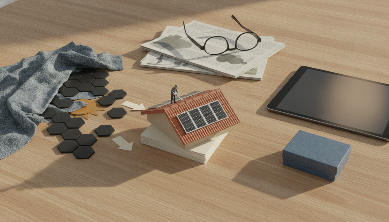 A wooden desk holds a small house model with solar panels, papers with glasses, a tablet, a blue box, and a cloth over black hexagons.