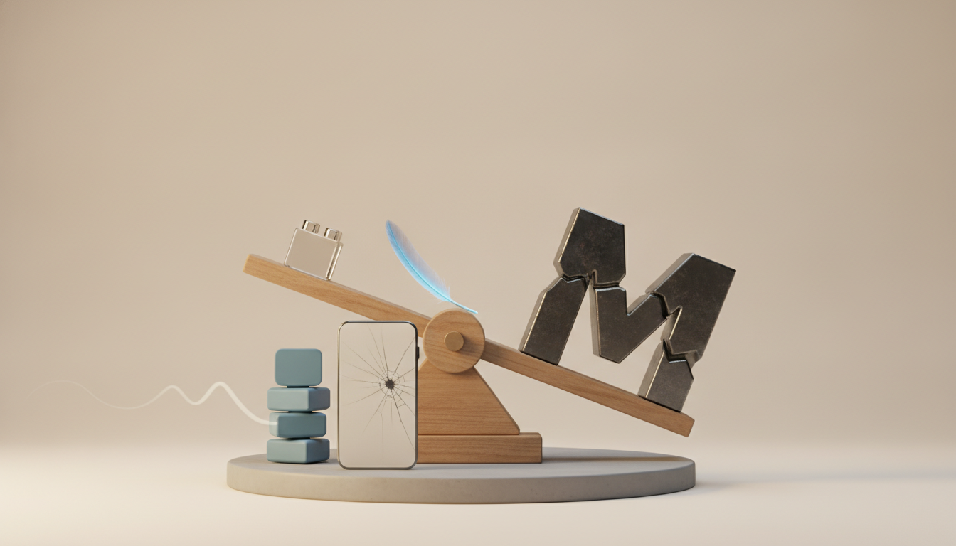 A wooden seesaw holds a small blue feather, a cracked smartphone, stacked blue blocks, and dark metal letters on a round base.